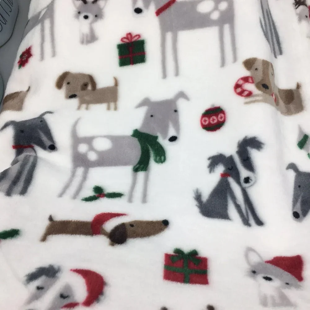 Cynthia Rowley Christmas Dogs Throw Blanket Santa Hat Reindeer Antler Candy Cane
